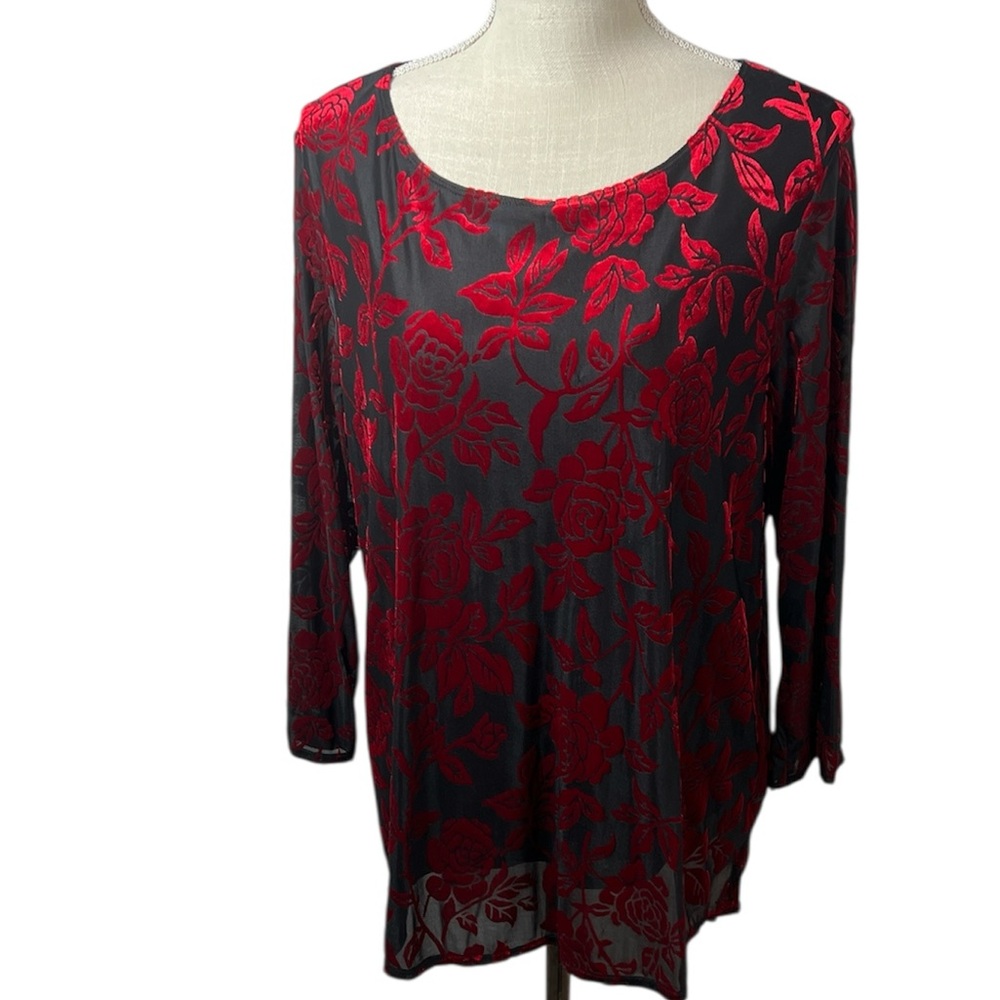 NWOT Elegant Black and Red Floral Velour Type Women's Blouse Large by Cato